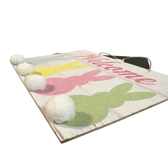 Easter Bunny Welcome Sign 14x8 in Glitter Pastel Spring Door Wall Decor Rabbit - Picture 4 of 7